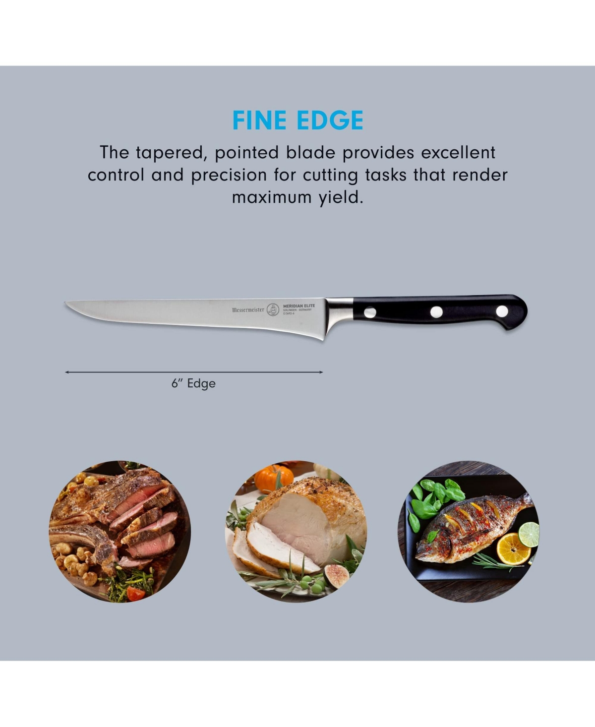 Messermeister Meridian Elite Boning Knife, Stiff, 6” - Silver with black handle