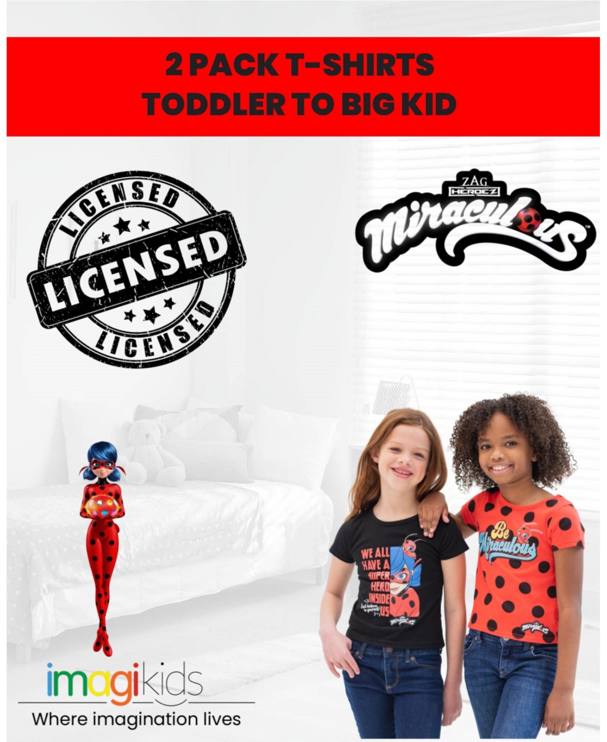 Miraculous Toddler Girls Ladybug Cat Noir Rena Rouge 2 Pack T-Shirts to -red