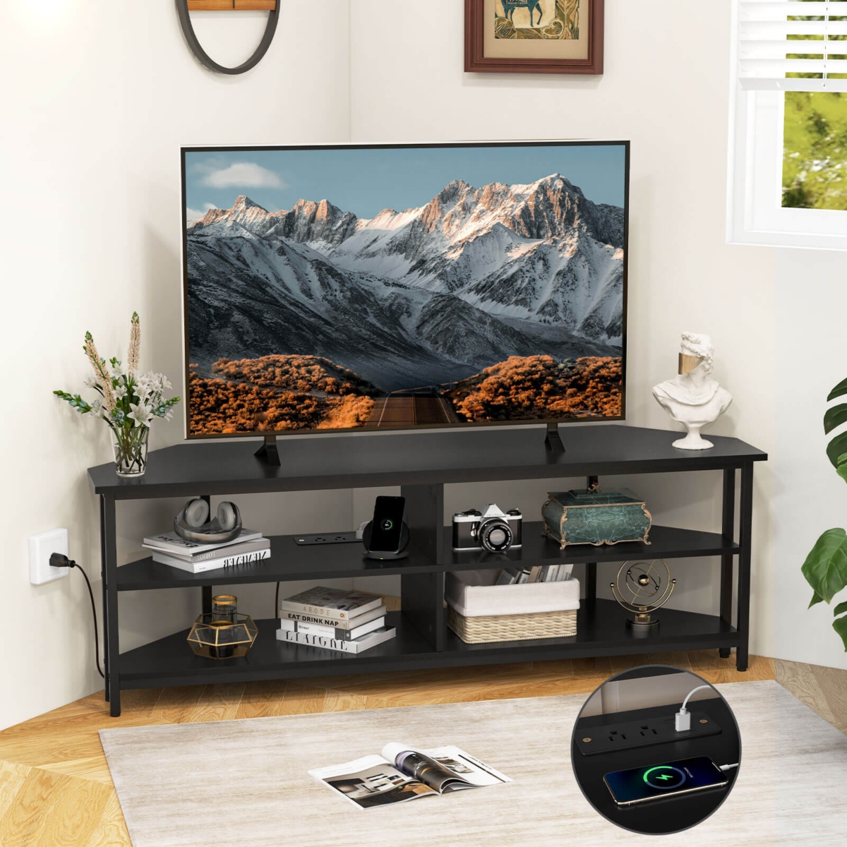 Corner TV Stand for Tvs up to 65" Console Table with Ac Outlets&Usb A Ports