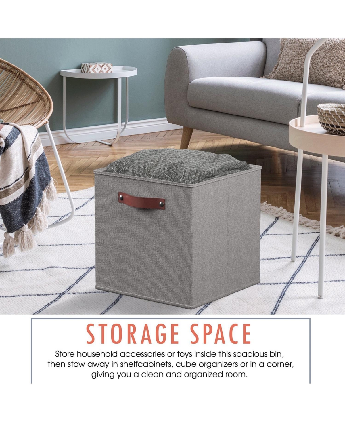 Ornavo Home 6 Pack Collapsible Linen Storage Cube Bin with Leather Handles - Inch