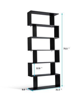 6 Tier S-Shaped Bookcase Z-Shelf Style Storage Display Modern Bookshelf Black