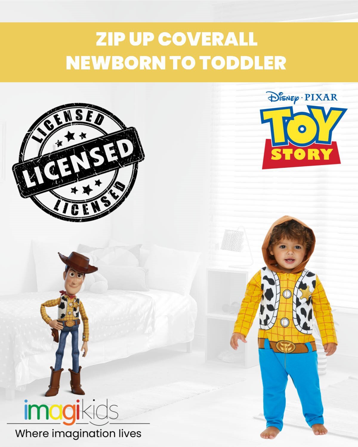 Disney Toddler Boys Pixar Toy Story Woody Zip Up Coverall Newborn to