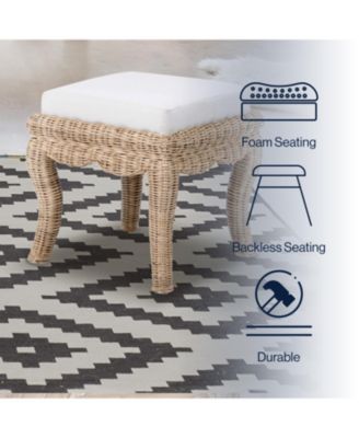 Rowan 19.7" Bohemian Designer Woven Rattan/Wood Vanity Stool, White Cushion with Natural Frame