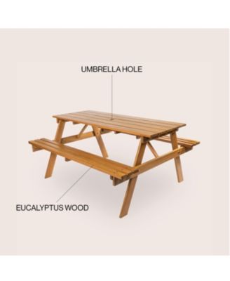 Shoreham 55" Modern Classic Outdoor Wood Picnic Table Benches with Umbrella Hole, Teak Brown