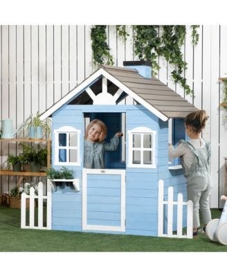 Wooden Playhouse for Kids Outdoor with Flower Pot Holders, Blue