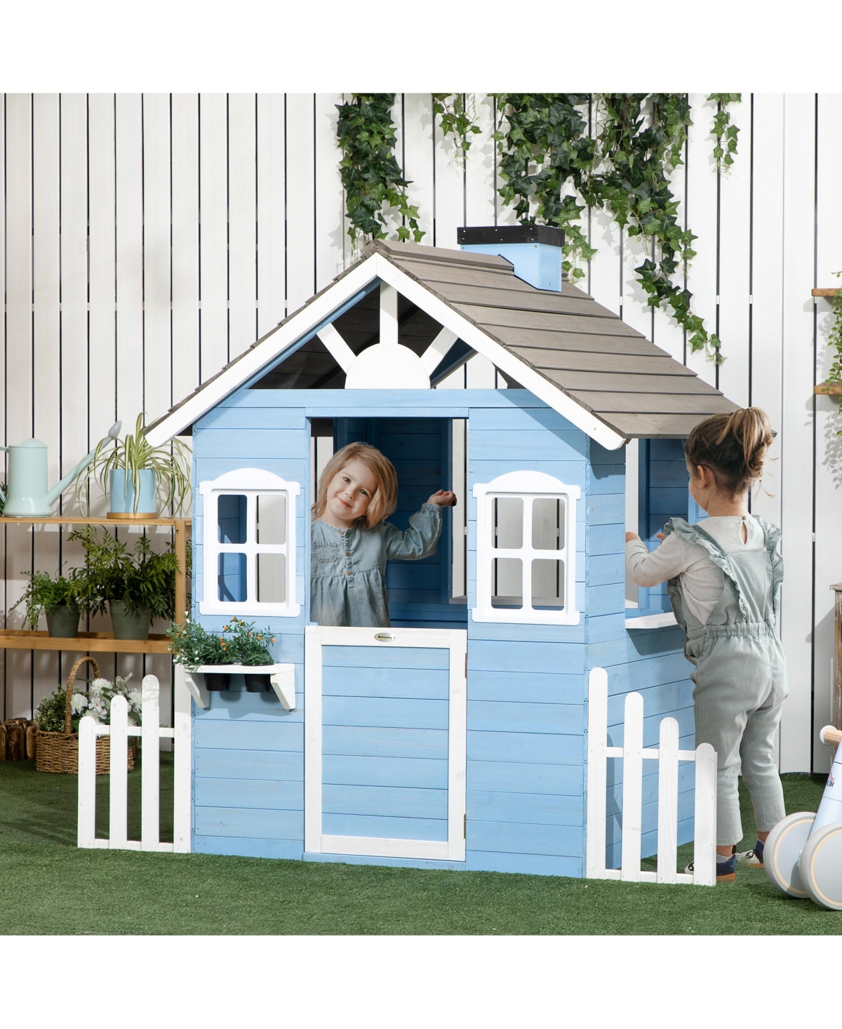Outsunny Wooden Playhouse for Kids Outdoor with Flower Pot Holders, Blue
