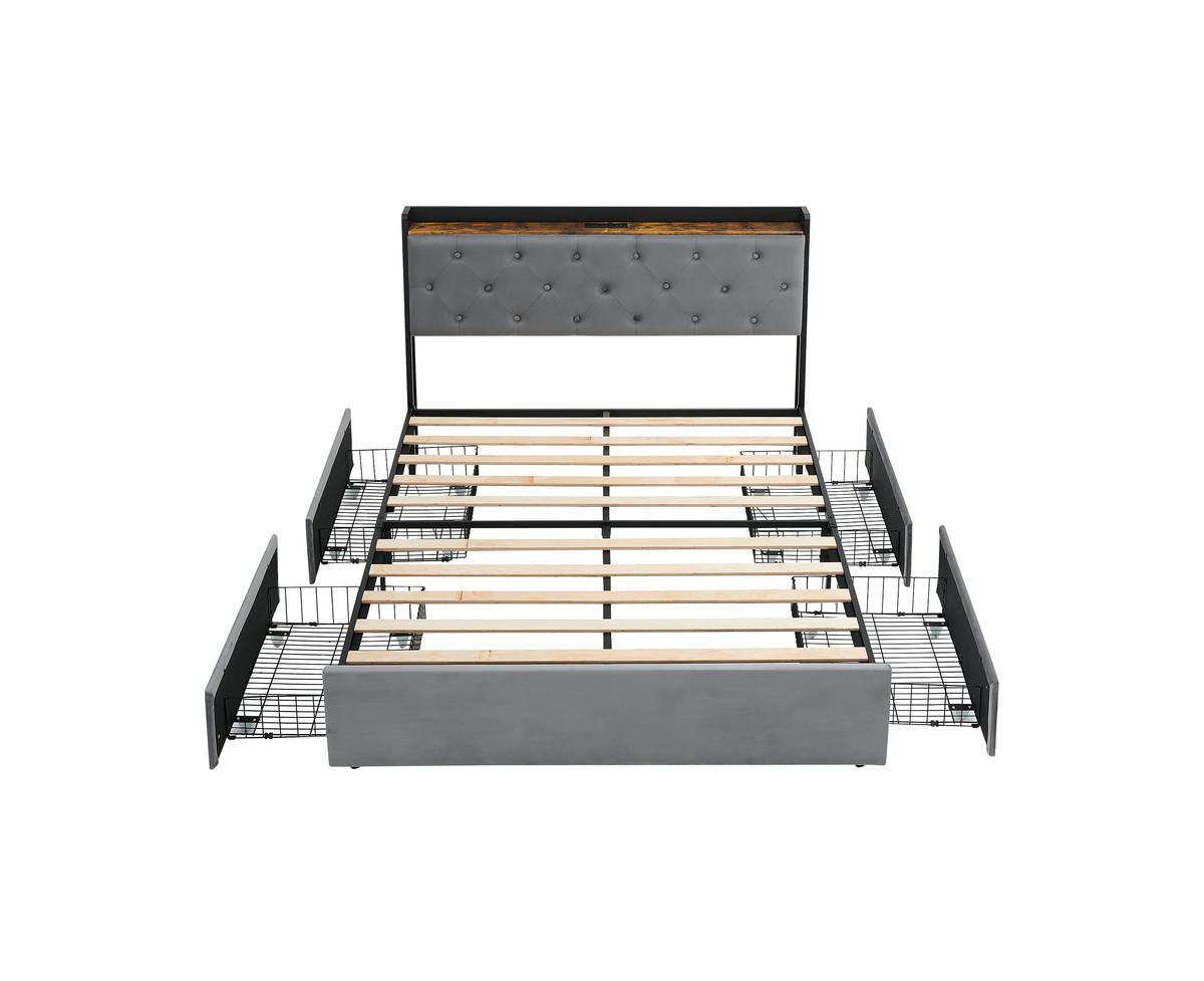 gaomon Upholstered Bed Frame with Charging Station Headboard & 4 Storage Drawers, Platform Bed Frame Mattress Foundation with Wooden Slats Support, No