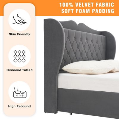Upholstered Velvet Bed Frame With 4 Storage Drawers and Charging Station, Button Tufted Platform Bed With Wingback Headboard Shelf, Heavy Duty, No Box Spring Needed, Easy Assembly, King Size, Grey