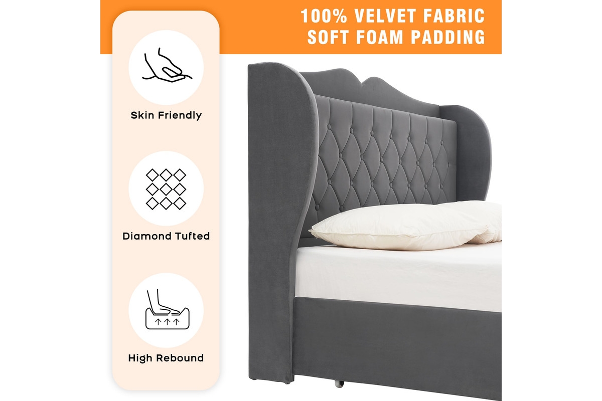 gaomon Upholstered Velvet Bed Frame With 4 Storage Drawers and Charging Station, Button Tufted Platform Bed With Wingback Headboard Shelf, Heavy Duty