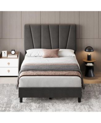 Queen Size Bed Frame with Adjustable Headboard, Linen Upholstered Platform Bedframe with Strong Wooden Slats, Mattress Foundation, No Box Spring Needed, Easy Assembly, Grey