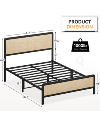 Queen Size Metal Bed Frame with Rattan Headboard and Footboard, Platform Bed Frame with Safe Rounded Corners, Under Bed Storage, Strong Metal Slat Support, No Box Spring Needed