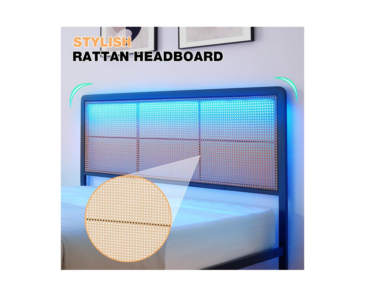 gaomon Queen Bed Frame with Led Lights, Metal Platform Bed Frame with Braided Design Headboard and Footboard, Noise Free Queen Size Mattress Foundatio