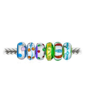 Комплект ювелирных украшений Bling, состоящий из 6 3D-ламп из Муранского стекла, Многоцветная Зеленая Синяя Золотая фольга, Металлическая ручная роспись в полоску и точки, Закрученная бусина-шарм из Стерлингового серебра, подходит для европейского браслет