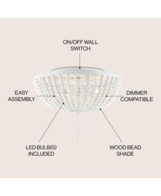 Allison 15" 3-Light Shabby Chic Farmhouse Wood Beaded/Metal LED Flush Mount, White