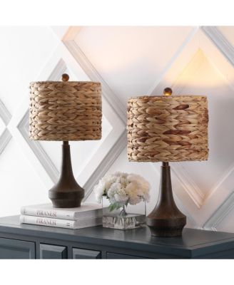 Theodore 21" Rustic Farmhouse Handwoven Water Hyacinth/Resin LED Table Lamp, Brown Wood Finish (Set of 2)