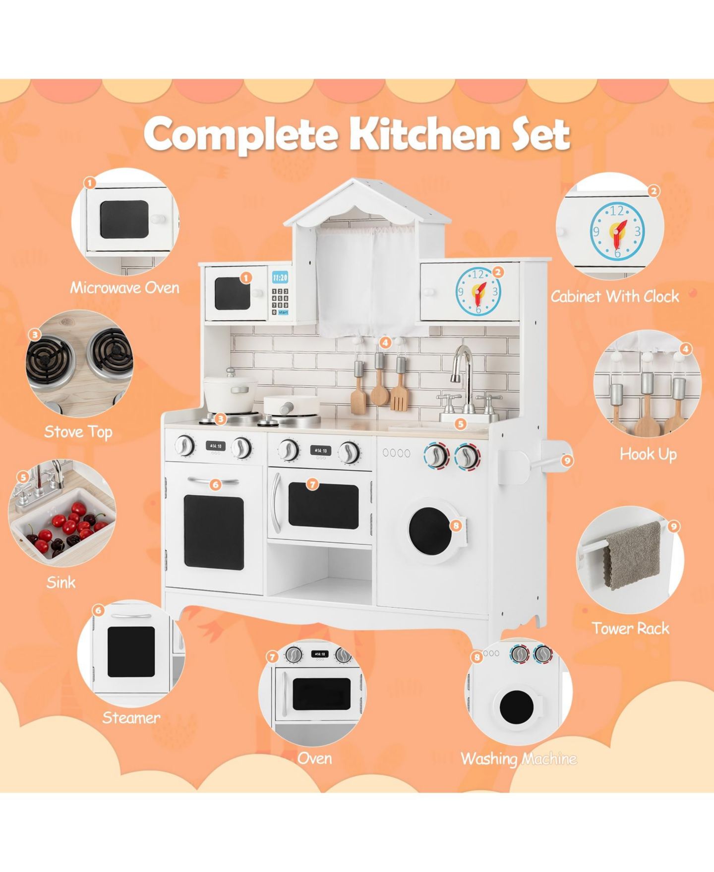 Детская игрушка SKONYON Wooden Kids' Kitchen with Washing Machine, Ages 3+ — фото 9