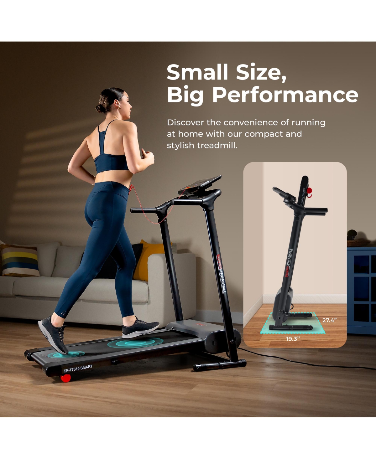 Sunny Health & Fitness Compact Motorized Smart Easy Assembly Folding Treadmill