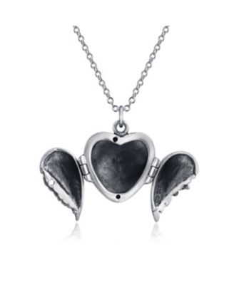 Dome Large Guardian Angel Wing Feathered Heart Shaped Photo Locket Holds Photos Pictures Oxidized Silver Necklace Pendant