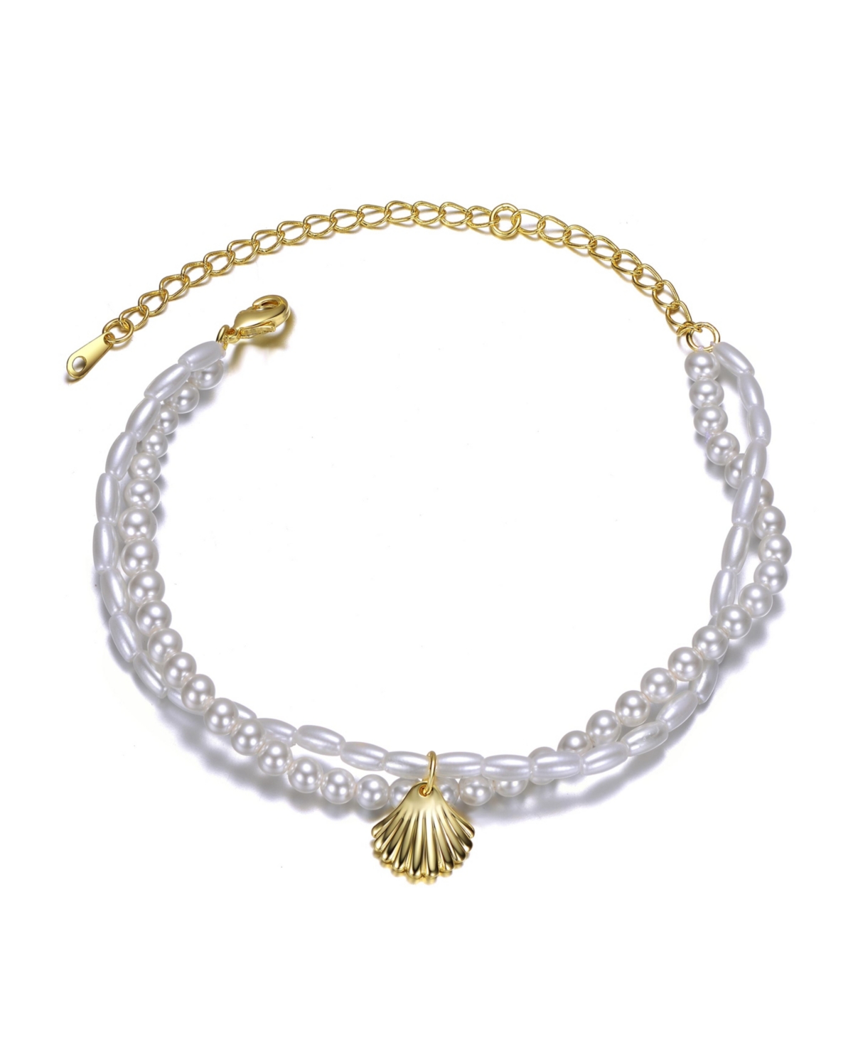 Sterling Silver 14k Yellow Gold Plated Pearl Chain Anklet with Dangling Shell - Gold