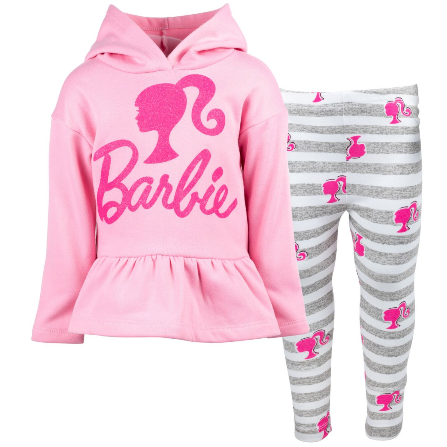 Детский комплект Barbie: флисовое худи и леггинсы, для девочек, цвет: Пудровый серый полосатый — фото 1