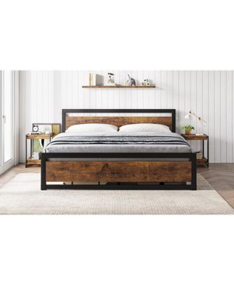 Full Size Bed Frame Platform with Headboard, Industrial 14 inch Full Bedframe No Box Spring Needed, Easy to Assemble Noise Free Full Mattress Foundation, Retro Brown