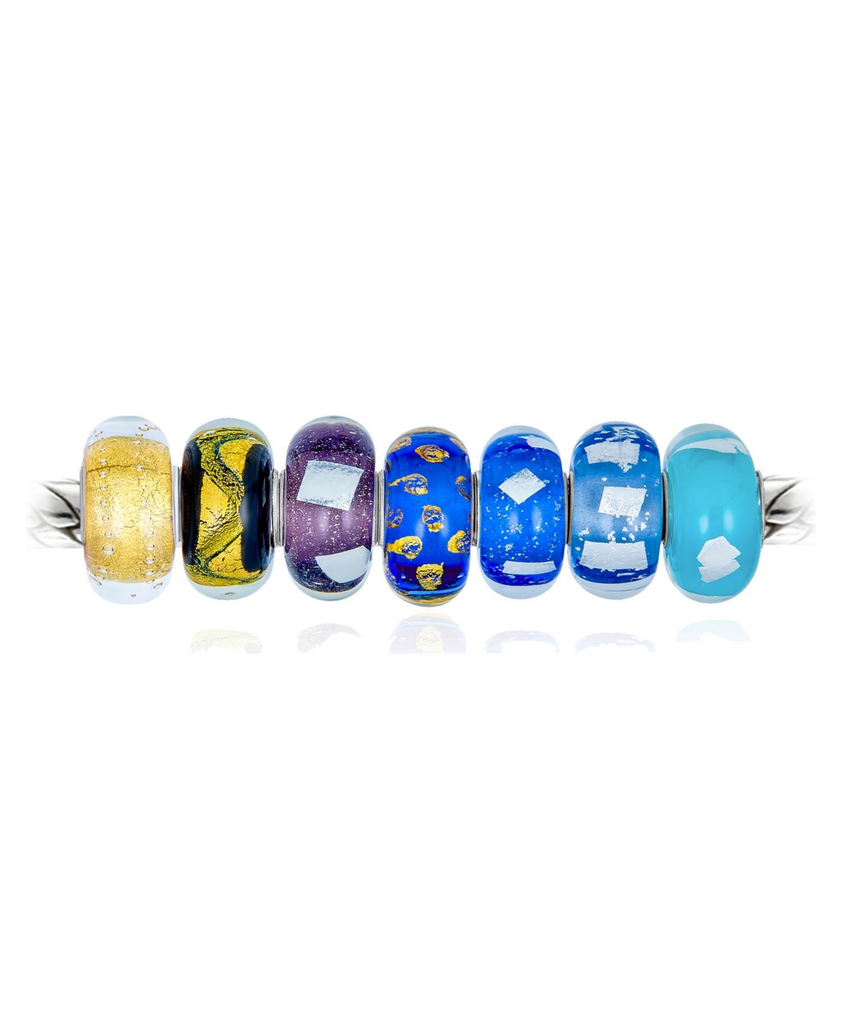 Bling Jewelry Mixed Set Of 7 Bundle Sterling Silver Core Translucent Shades OfYellow Black Silver Gold Metallic Foil Murano Glass Swirl Charm Be