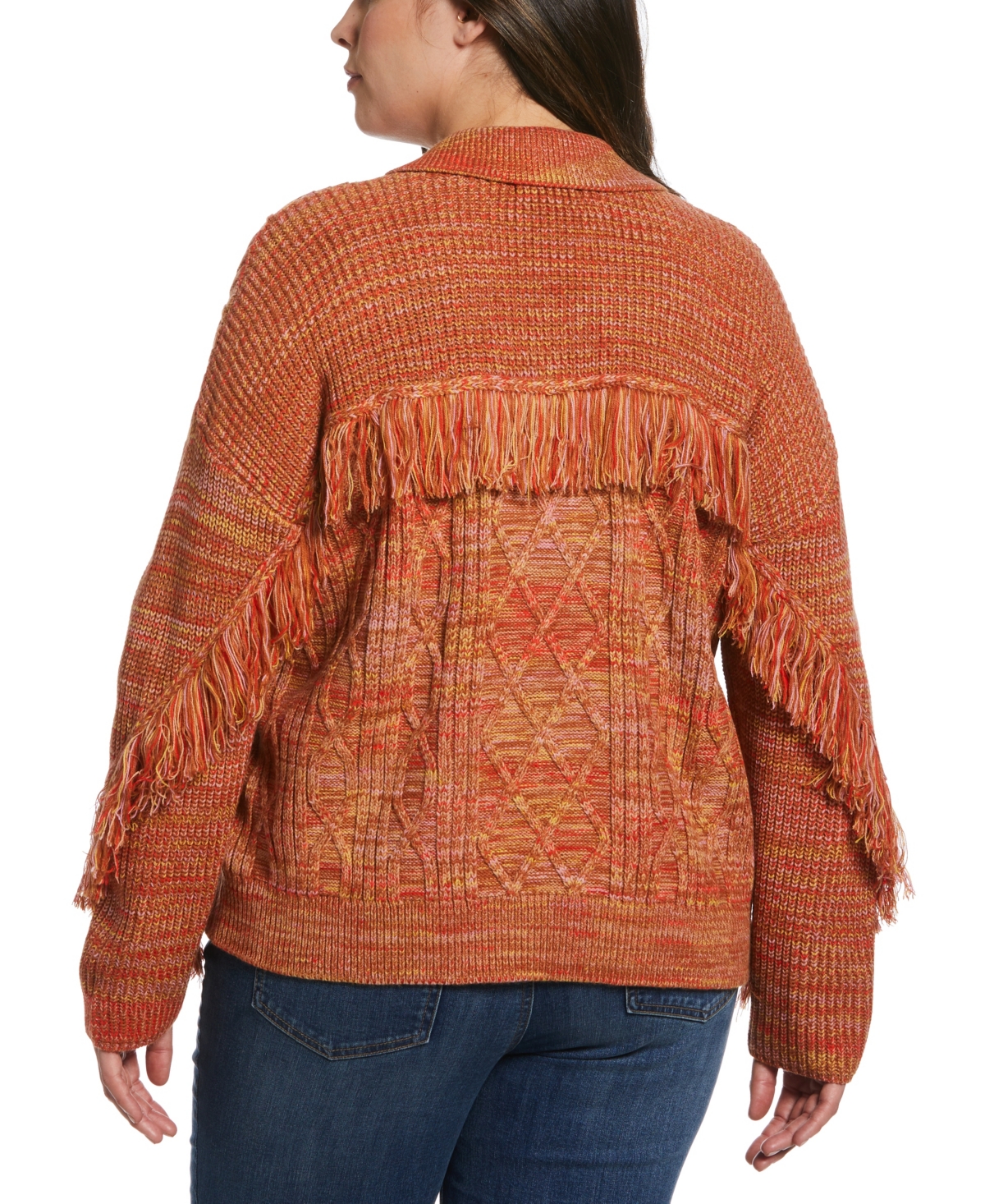 ELLA RAFAELLA PLUS SIZE FRINGE TRIM LONG SLEEVE POLO SWEATER 