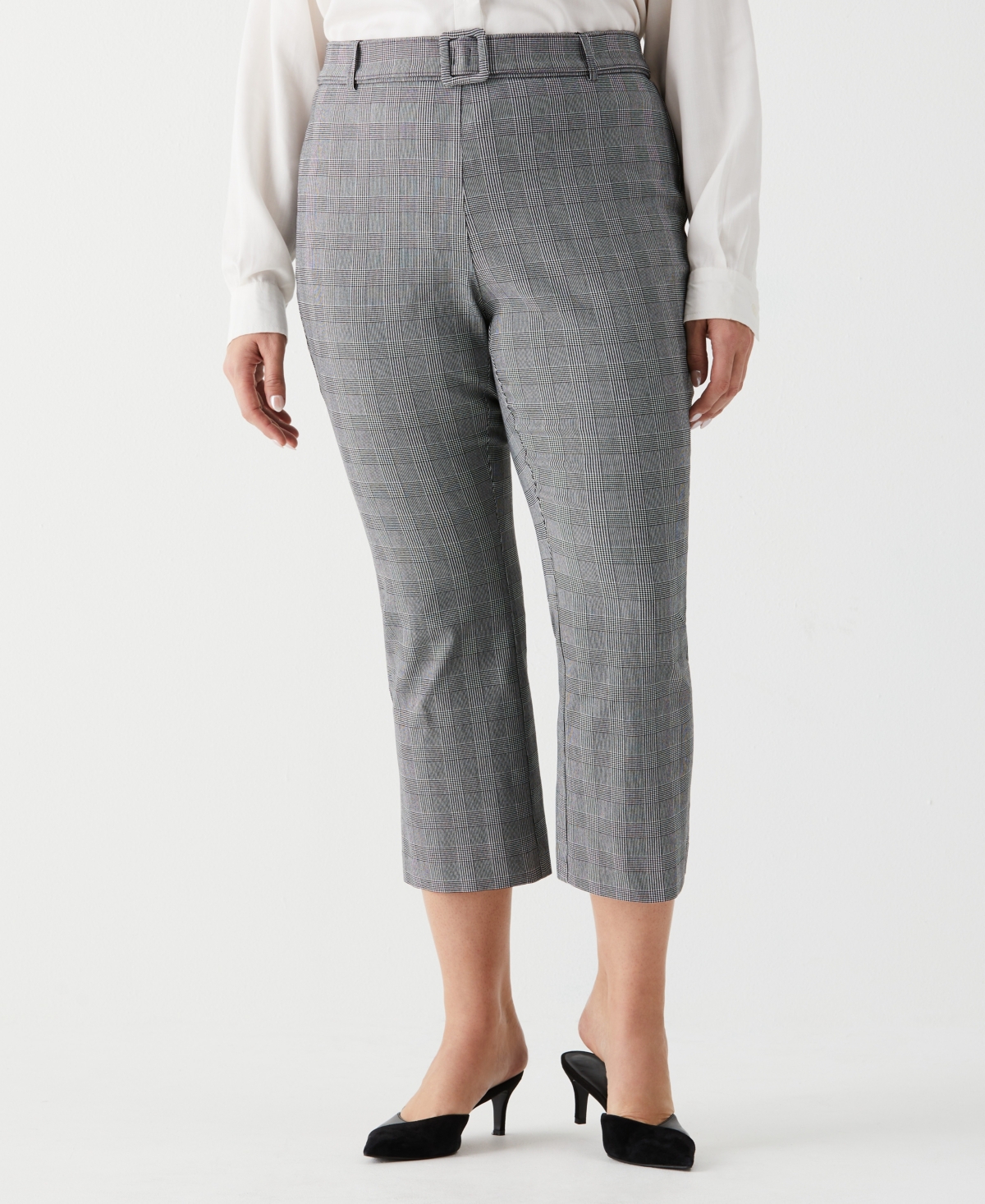 Plus Size Plaid Crop Bootcut Pant with Belt - Black