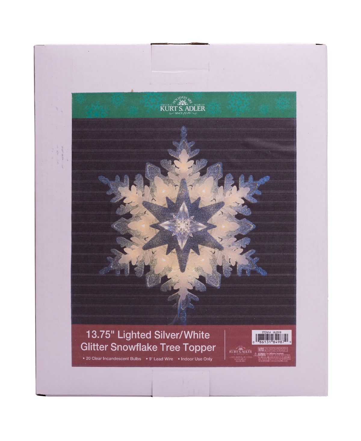 Kurt Adler 13.75-Inch Ul 20-Lightand White Glittered Snowflake Tree Topper - Silver