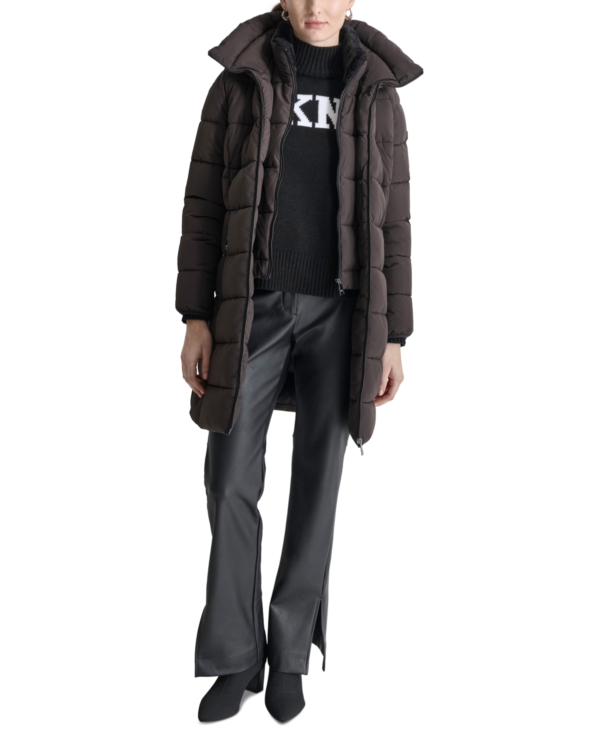 DKNY WOMEN'S BIBBED HOODED ZIP-FRONT PUFFER COAT 