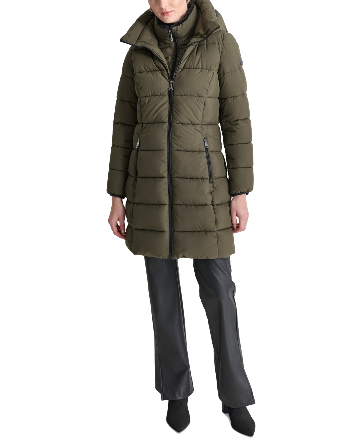 Dkny Women's Bibbed Hooded Zip-front Puffer Coat In Loden