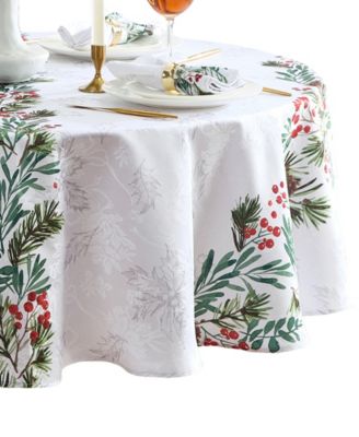 Holly Berry Flourish Holiday Fabric Round Tablecloth, 70"
