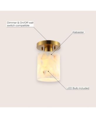 Jules 5.13" 1-Light Modern Contemporary Alabaster/Iron Cylinder LED Semi Flush Mount, White Marbling/Brass Gold