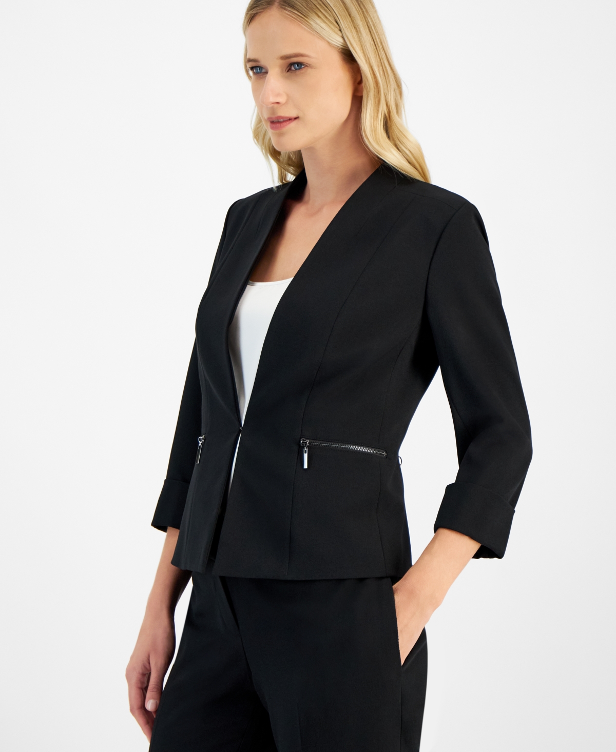 Kasper Petite Stretch-crepe Zipper-pocket Open-front Cuffed Blazer In Black