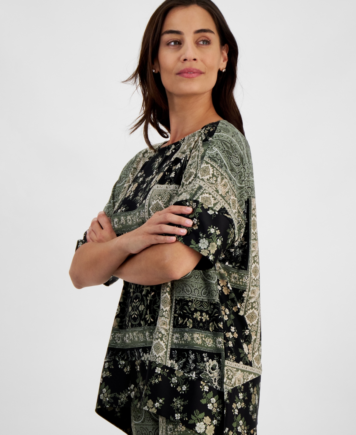 Jm Collection Petite Patchwork-Print Short-Sleeve Top, Created for Macy's