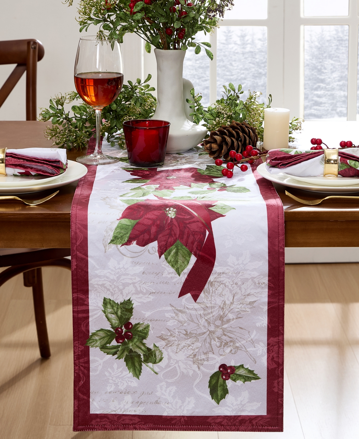 ELRENE CLARETTE POINSETTIA HOLIDAY FABRIC TABLE RUNNER, 70"X 14" 