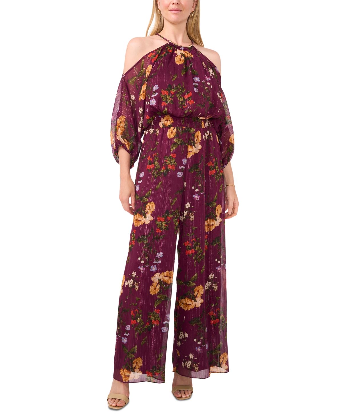 Petite Printed Cold-Shoulder Smocked-Waist Jumpsuit - Plum Gold