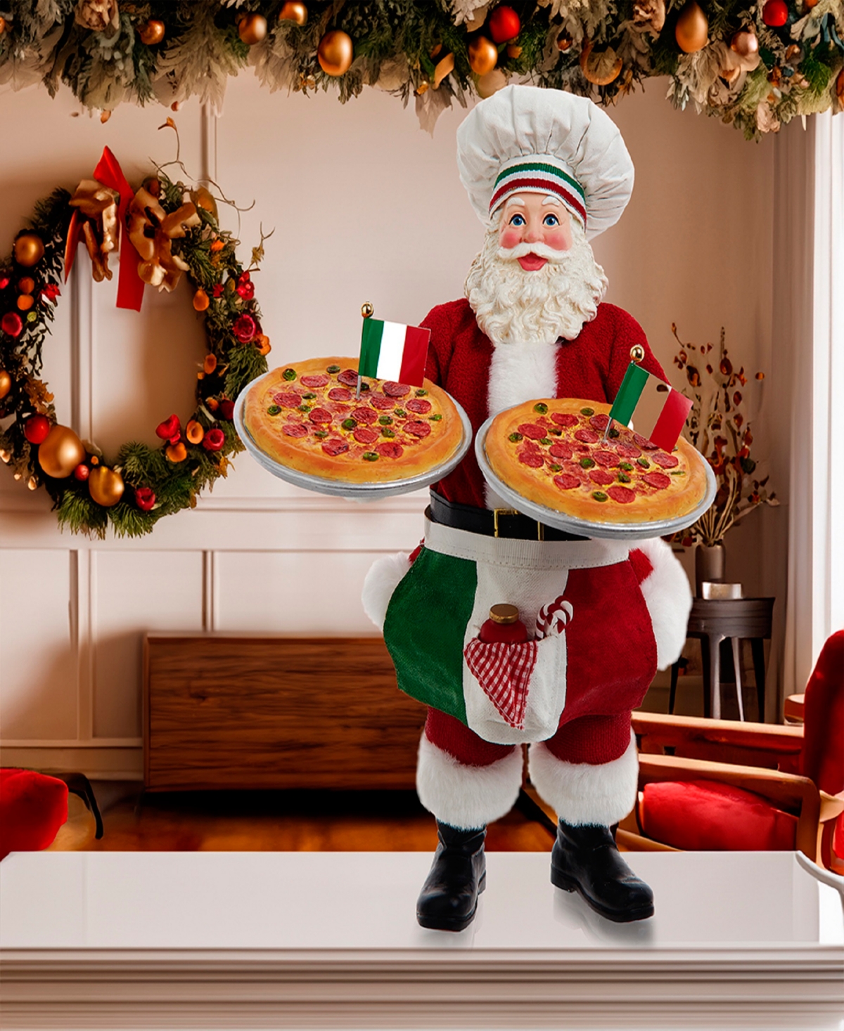 Kurt Adler 11-inch Fabriche Chef Santa Holding Two Trays Of Pizza In Red