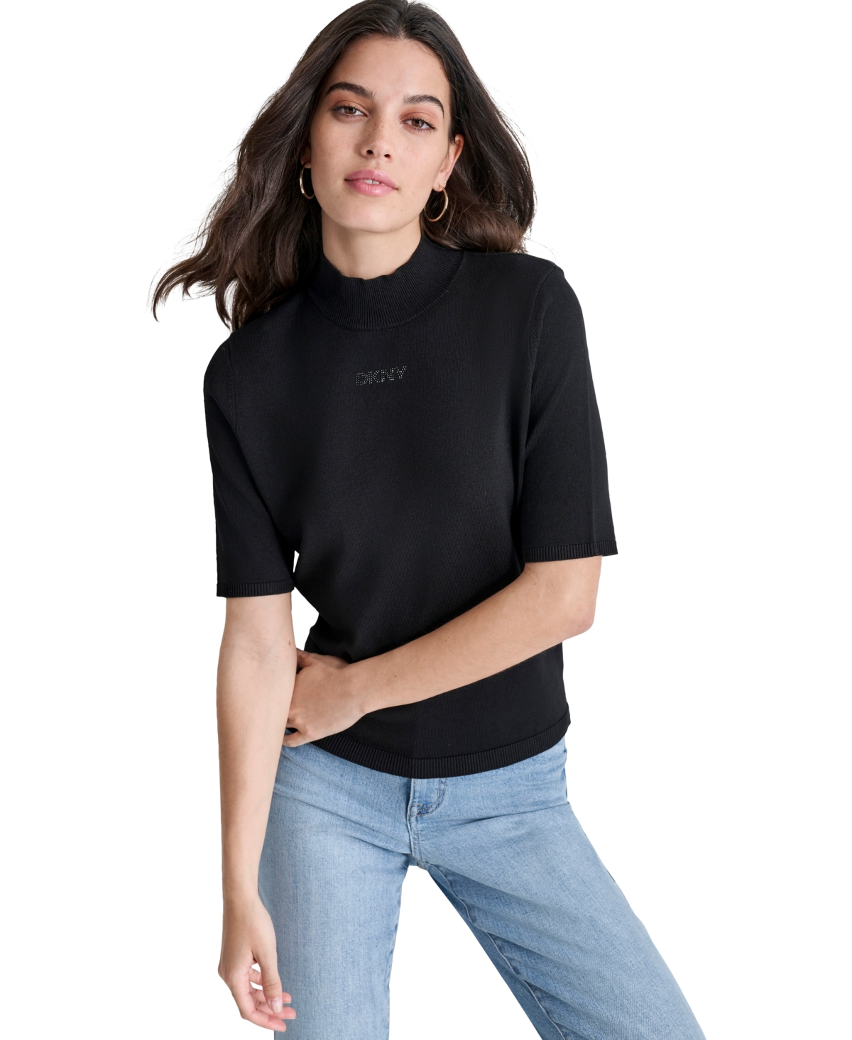 Dkny Jeans Women's Stud Logo Mock Neck Elbow-sleeve Sweater In Black,black