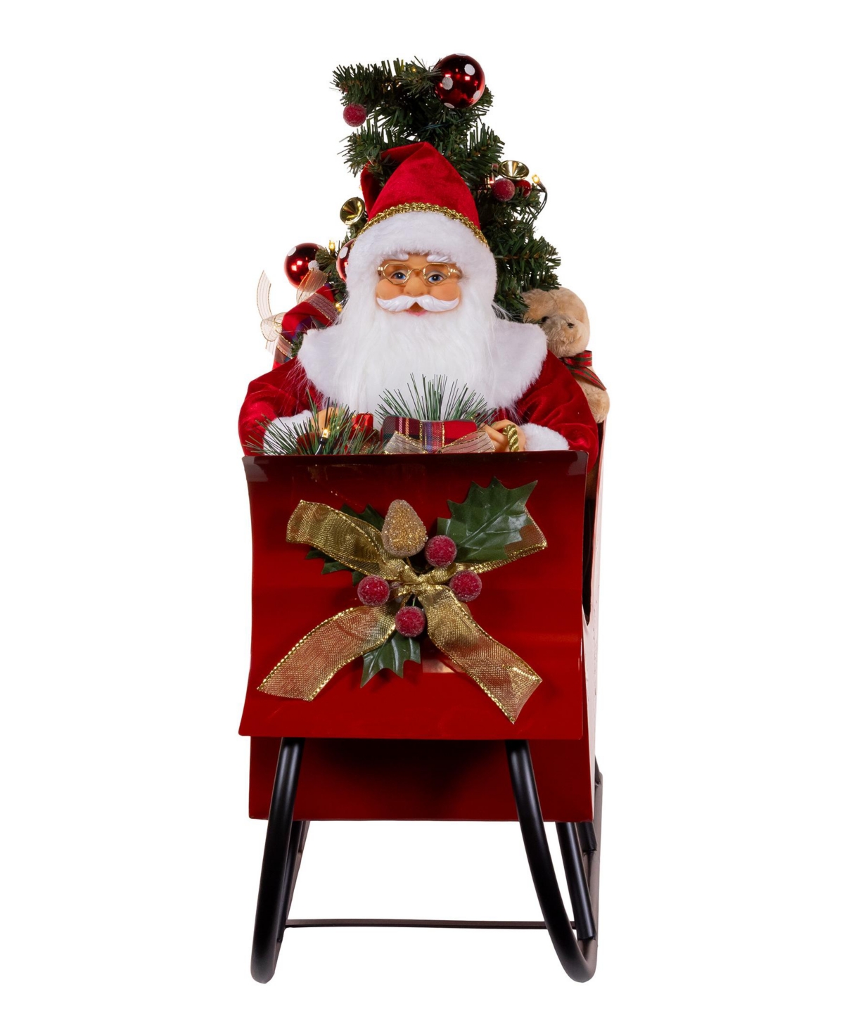 Kurt Adler 24-inch Battery Operated Musical Led Santa In Metal Sleigh Table Piece In Red