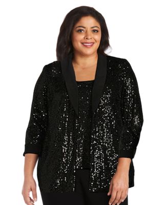 Plus Size Sequined Sleeveless Top, Open-Front Jacket & Pants Set