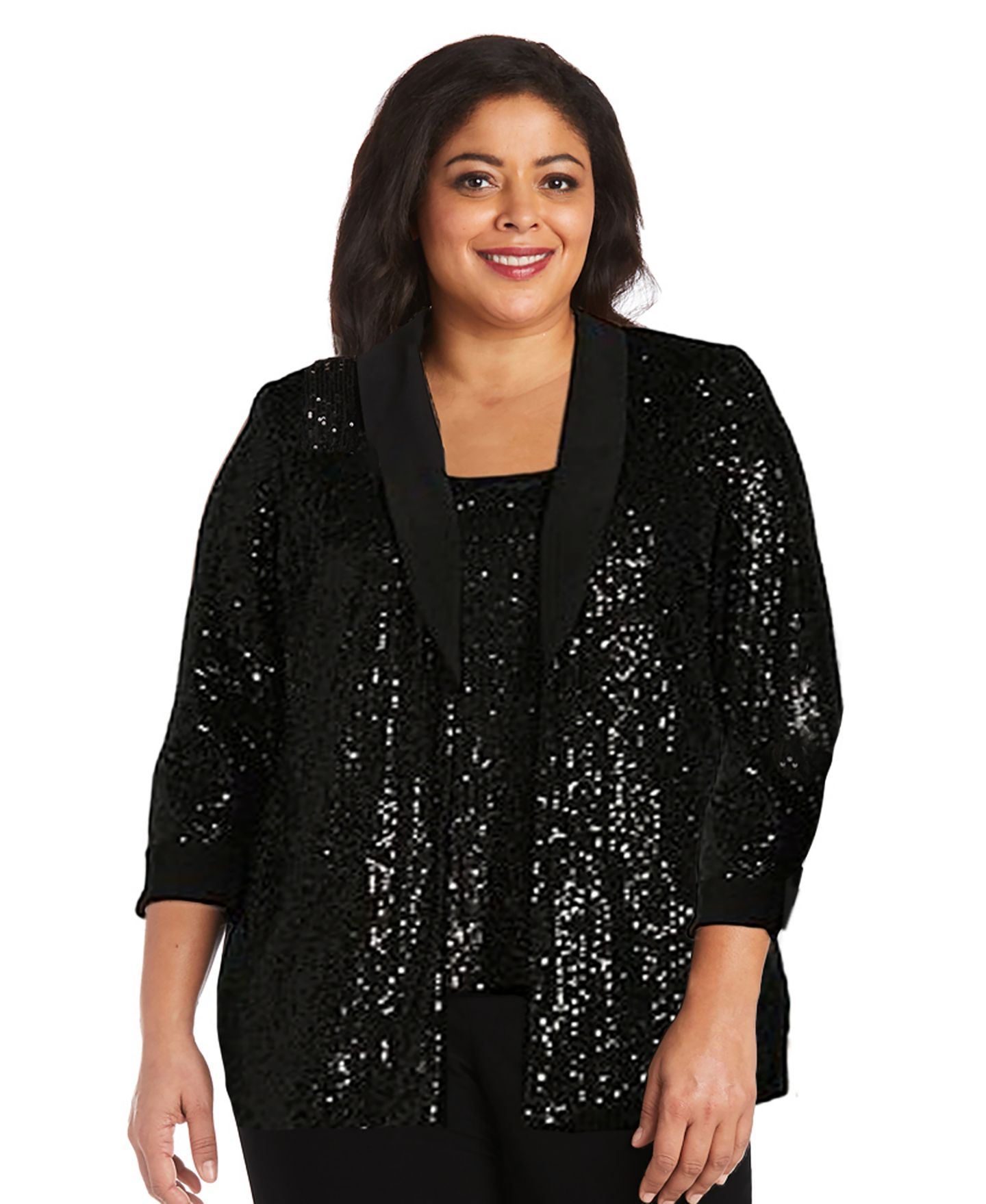 R & M Richards Plus Size Sequined Sleeveless Top, Open-Front Jacket & Pants Set, цвет: Чёрный — фото 3