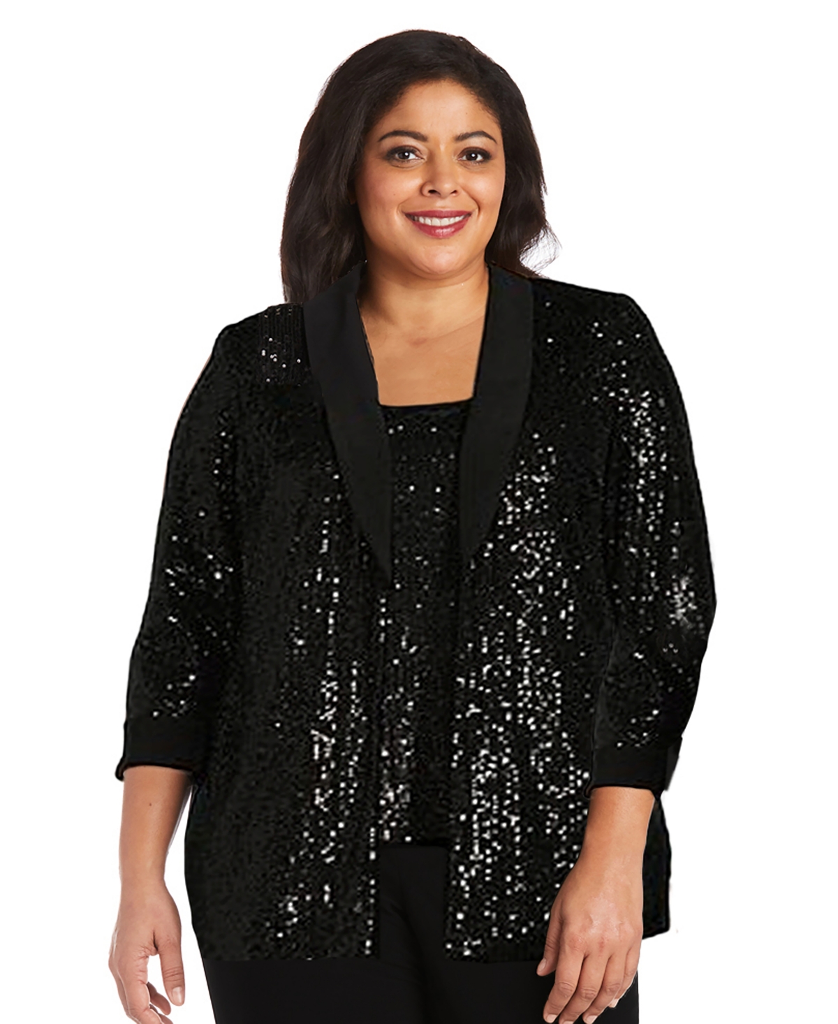 R & M Richards Plus Size Sequined Sleeveless Top, Open-front Jacket & Pants Set In Black