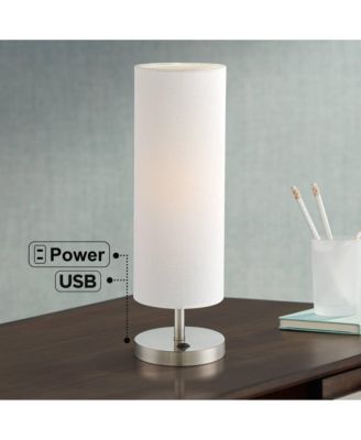 Heyburn Modern Accent Table Lamp 20" High Brushed Steel with USB and AC Power Outlet in Base Off White Cylinder Shade for Bedroom Desk