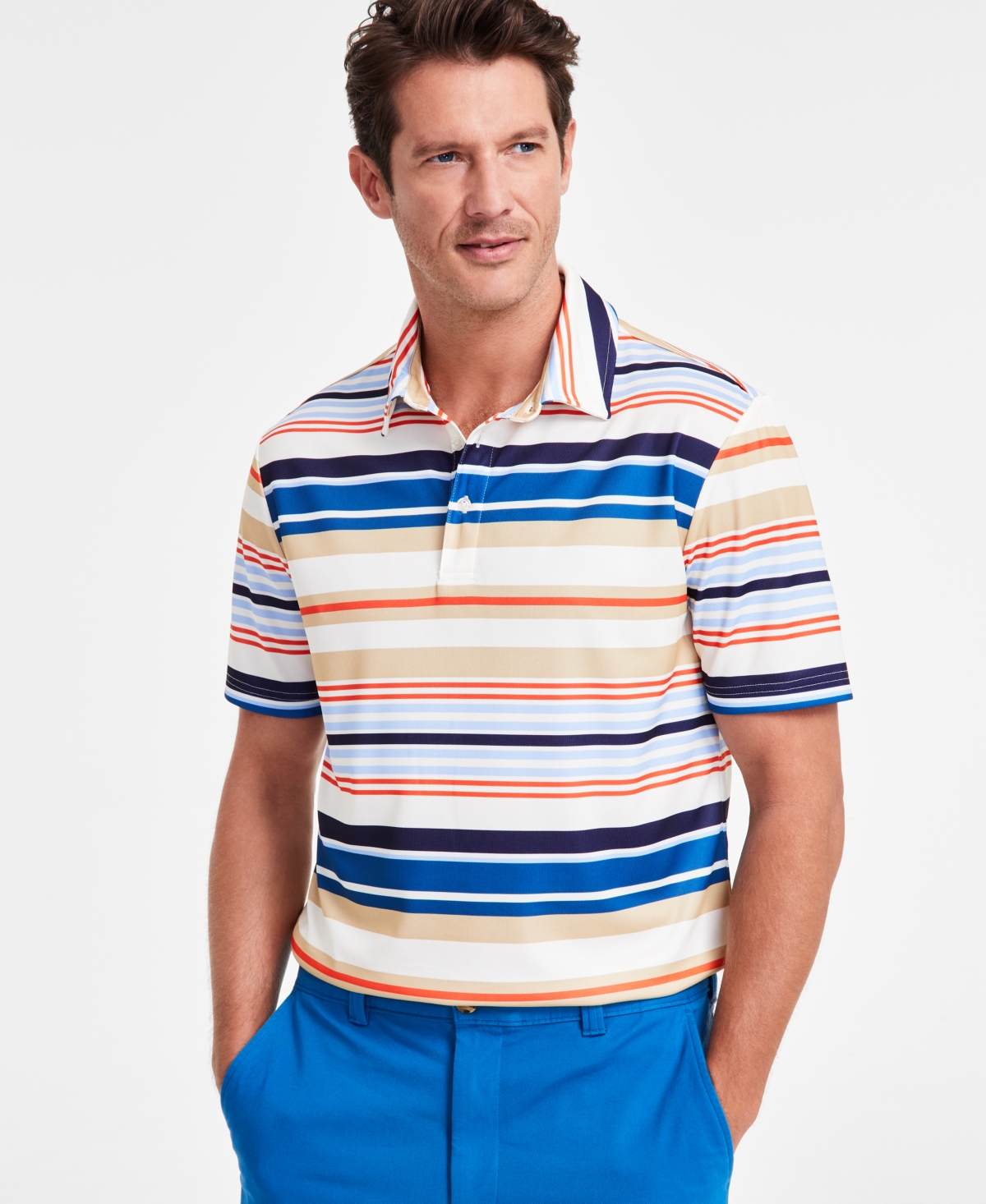 Men's Stripe Tech Polo Shirt, Exclusively at Macy's - Winter Ivory
