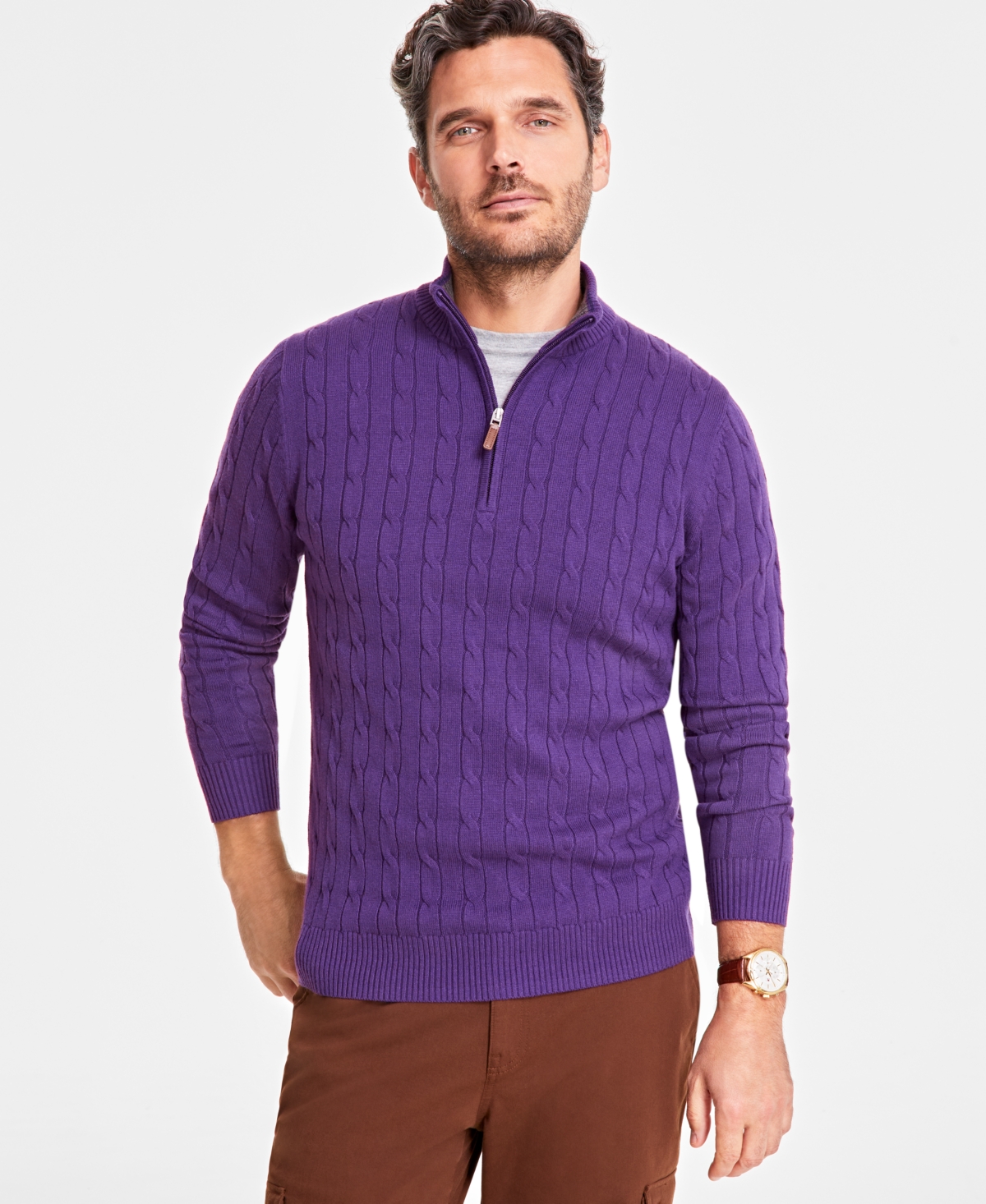 Men's Cable Knit Quarter-Zip Cotton Sweater, Created for Macy's - Fire