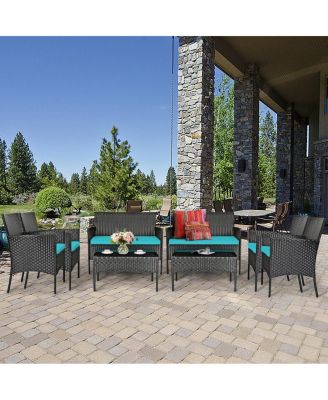 4 Pieces Patio Rattan Cushioned Sofa Set with Tempered Glass Coffee Table-Turquoise