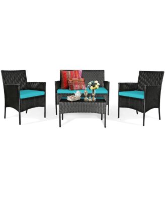 4 Pieces Patio Rattan Cushioned Sofa Set with Tempered Glass Coffee Table-Turquoise