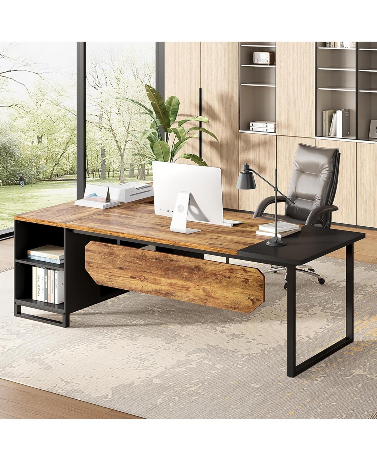 Tribesigns Shaped Executive Desk with File Cabinet and Storage Shelves - Rustic brown  black