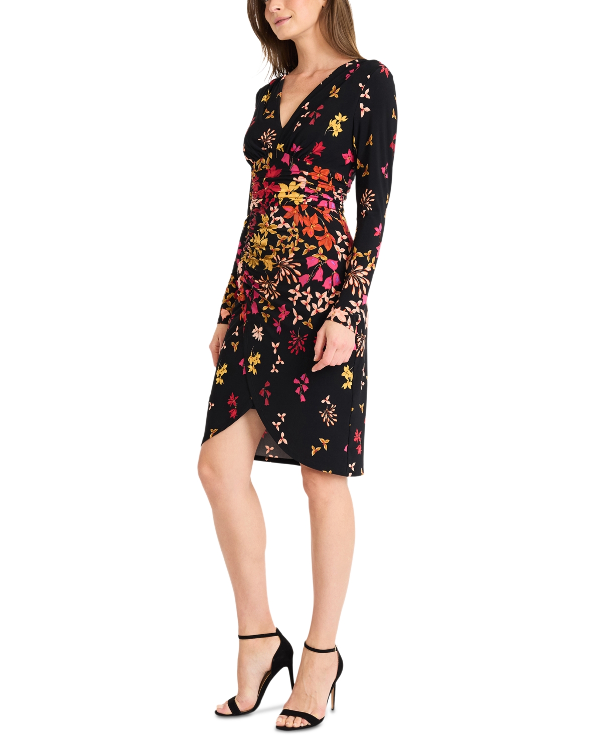 Maggy London Women's Floral Ruched Faux-Wrap Dress